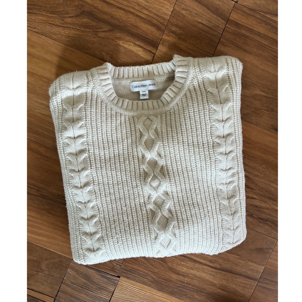 Calvin‎ Klein Cream Cable Knit Crewneck Sweater Small Ivory Preppy Minimalist